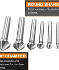 Six-piece countersink drill bit set with round shanks, HSS, 3-flute, 90° chamfer; front view