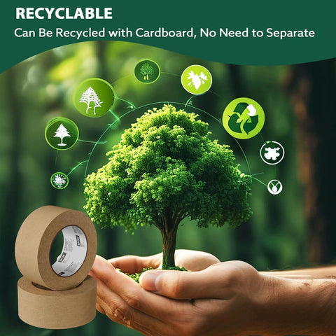 6 Rolls Brown Packing Tape Bulk Pack 2 Inch By 55 Yards Kraft Paper Shipping Tape For Cardboard Boxes Express Parcels And Office Use Tear By Hand Workhorse Go To Moving And Warehousing shown with tree and recycling symbols.