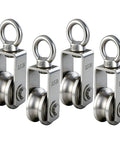 Beefy Stainless Steel Cable Pulley Block With Silent Bearings Swivel Kit For Heavy Duty Applications 550lb Load Capacity For Garage Attic Kayak Deer Hanging Gym Equipment 4 Pack, four SUS-304 pulleys