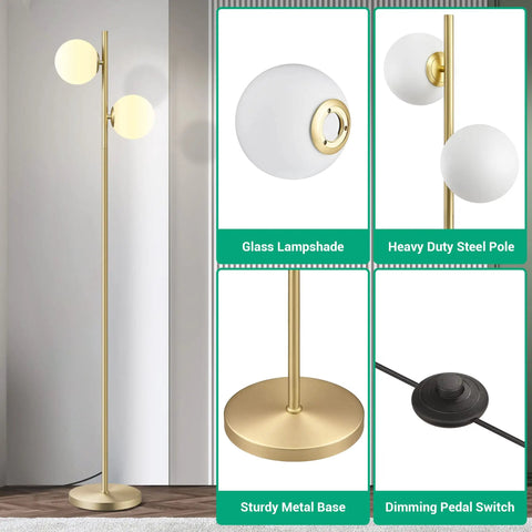 Mid Century Modern Floor Lamp With Built In LED Gold Globe, Stepless Pedal Dimmer, Two Frosted Glass Shades, Tall Corner Lamp With Hands Free Foot Control, Perfect For Living Room, Bedroom Or Office In Brass Finish showcasing glass lampshade and steel pole