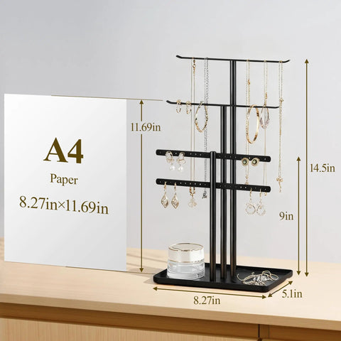 Black Jewelry Stand Organizer 14.5 Inch Tiered Display Tower with 3 Tiers and 4 Bars holding necklaces and earrings