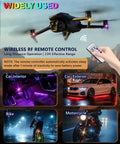 Upgraded Four Pack Wireless LED Lights For Car With Remote Rechargeable Waterproof Eight Color Interior Car Lights shown on drone, car, bike, and motorcycle.