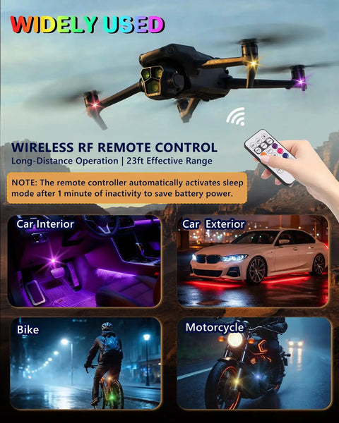 Upgraded Four Pack Wireless LED Lights For Car With Remote Rechargeable Waterproof Eight Color Interior Car Lights shown on drone, car, bike, and motorcycle.