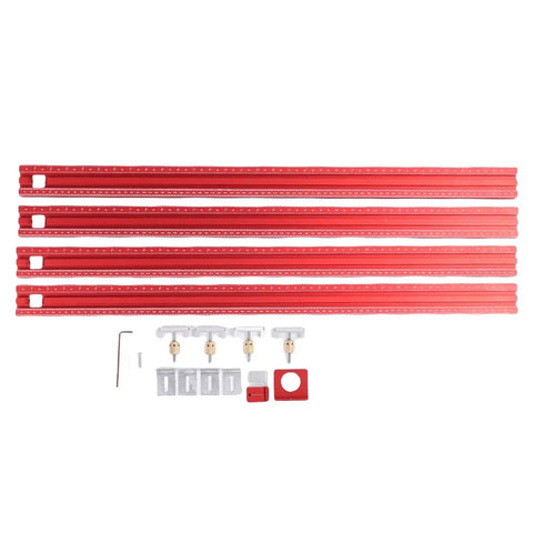 Workbench Ready Adjustable Router Track Guide System With Tough Aluminum Build and Dual Metric Imperial Scales components displayed.