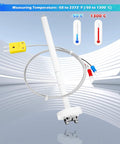 K-type thermocouple probe with ceramic kiln insulator, braided stainless wire, white shaft, and yellow connector plug.
