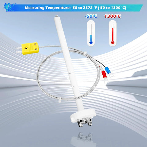 K-type thermocouple probe with ceramic kiln insulator, braided stainless wire, white shaft, and yellow connector plug.