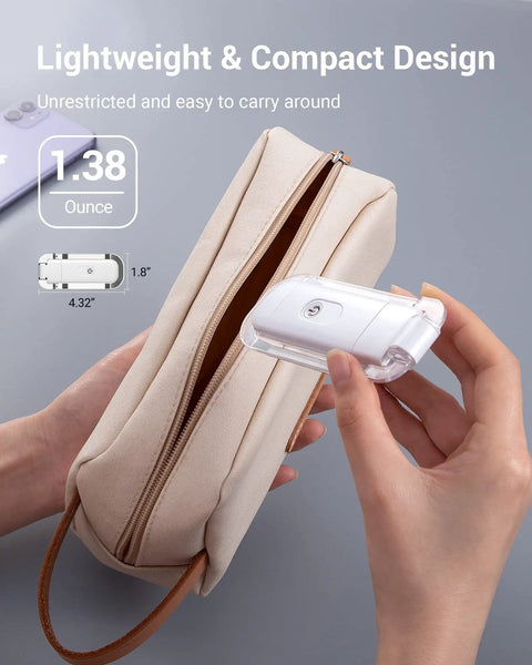 Clip On Book Light With USB Rechargeable Power shown being placed in a compact beige pouch, highlighting its lightweight design.