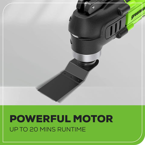 Close-up of 24V Cordless Oscillating Multi Tool with 6 Speed Settings 18,000 OPM, featuring blade, powerful motor, green design