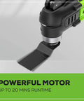 Cordless Oscillating Multi Tool For Cutting Scraping Sanding And Nailing, 18,000 OPM, 6 Speed Settings shown with a flat blade attachment