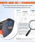 Close-up of heavy-duty protective eyewear lens showing ANSI Z87.1 certification details for safety glasses testing.