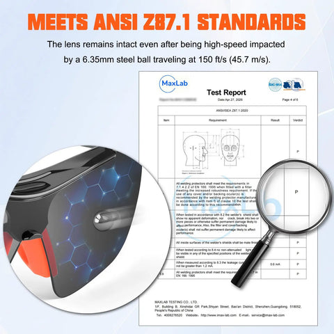 Close-up of heavy-duty protective eyewear lens showing ANSI Z87.1 certification details for safety glasses testing.