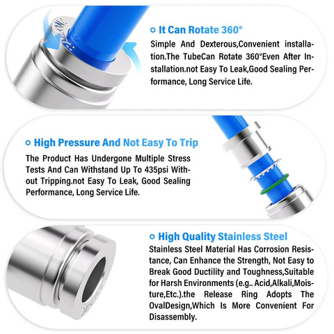 1/2 Inch 304 Stainless Steel Tee Push In Fittings Three Way Tube Connector For Air And Water Systems with blue tube detail