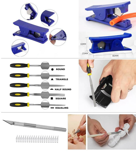 All In One 124 Piece 3D Printer Tool Kit With Carry Case For Finishing Cleaning Nozzles Trimming And Sanding Pro Grade Mini Rotary Tool And Modeler Tools For Easy Print Cleanup And Maintenance, showing tools and use examples.
