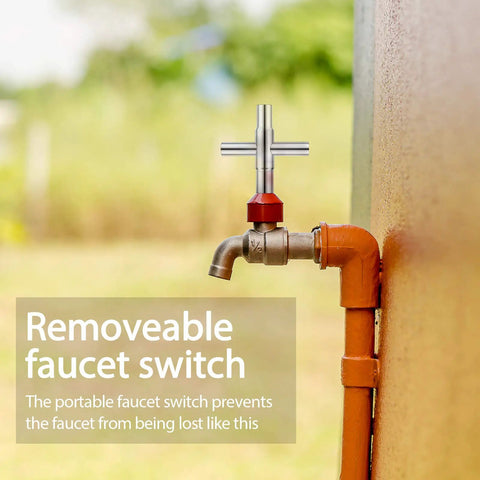 4 Way Sillcock Water Key Set 2 Pack installed on outdoor spigot, showing heavy duty steel cross wrench with rust-resistant finish.
