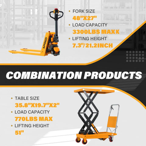 Built Like A Tank Electric Pallet Jack Truck Paired With A Double Scissor Lift Table Featuring 3300 Lbs Capacity Straight Up Without Breaking A Sweat And Powered By A Maintenance Free Brushless Motor