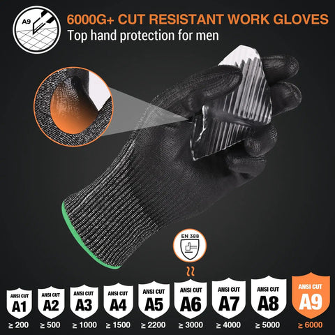 Tough as Nails A9 Cut Resistant Work Gloves For Men, Touchscreen Compatible, holding sharp metal piece, showing ANSI Level 9 Protection.