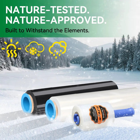 Heavy Duty Stretch Film Shrink Wrap Roll Pack Five Inch By Twelve Hundred Feet Eighty Gauge With Six Hundred Percent Stretch Self Adhering No Residue Grips Tight Plastic Wrap For Moving Packing Shipping Furniture And Pallet Stabilization Twelve Rolls displayed on a snowy landscape background illustrating durability against elements.