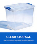 27 Quart Clear Plastic Storage Bin With Lock Down Latching Lid Stackable Organizer Tote For Home Clutter Control, showcasing clear view and blue latches.
