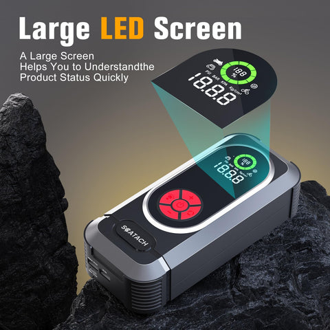 Beefed Up Jump Starter With Air Compressor And Tire Inflator 150 PSI Portable 12V Jump Box LED display on rocky surface
