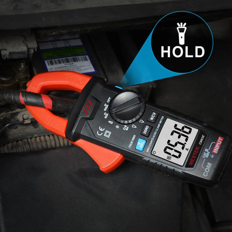 True RMS Digital Clamp Meter For DIY And Pros, 6000 Counts in use with wire, displaying 0.36 on backlit LCD