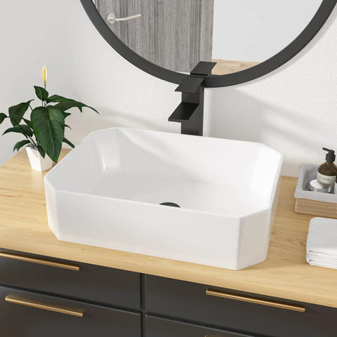 Rectangle Bathroom Vessel Sink 19 By 14 Inches Porcelain Ceramic White Above Counter Vanity Sink For Cabinets Lavatory Hotel And Home Modern Minimalist Basin With Smooth Glaze Easy To Clean And Lasting Glam featured on a wooden countertop.