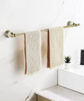 Gold Crystal Bathroom Accessories 4 Piece Set With Towel Bar Adjustable From 18.5 To 30.8 Inches, mounted with towels