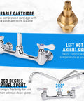 Close-up of Straight Up Heavy Duty Wall Mount Utility Sink Faucet With Eight Inch Full Range Swivel Spout Dual Handles brass cartridge.