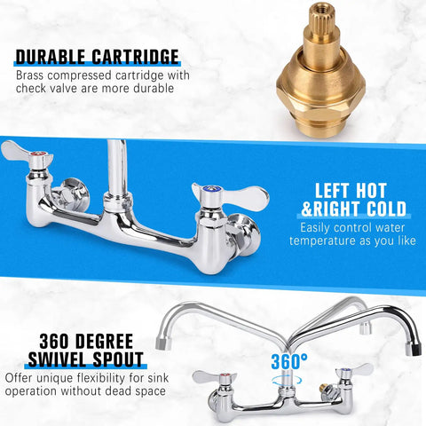 Close-up of Straight Up Heavy Duty Wall Mount Utility Sink Faucet With Eight Inch Full Range Swivel Spout Dual Handles brass cartridge.