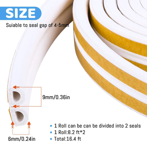 Close-up of CloudBuyer white foam weather-stripping roll with dual-channel cross-section (9mm/6mm), self-adhesive