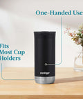 16 Oz Licorice Vacuum Insulated Stainless Travel Mug with Leak Proof Lid on a table, showcasing one-hand sip and cup holder fit