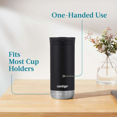 16 Oz Licorice Vacuum Insulated Stainless Travel Mug with Leak Proof Lid on a table, showcasing one-hand sip and cup holder fit