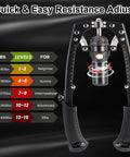 Ultimate Adjustable Hydraulic Power Chest Press Machine Plus Forearm Strengthener And Chest Expander resistance adjustment guide with levels for various fitness levels.
