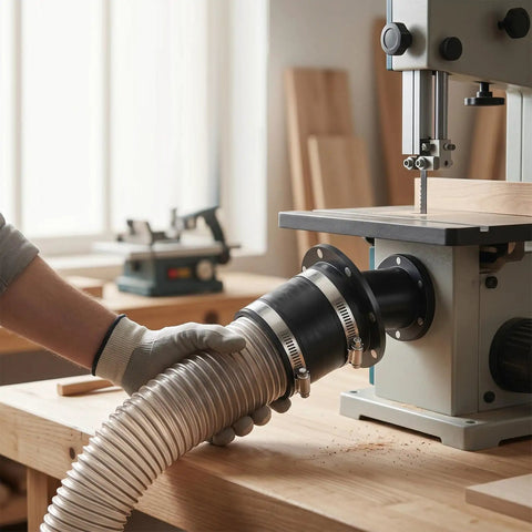 Upgraded 4 Inch Magnetic Dust Collection Connector With Rubber Cuff Adapter For Woodworking Shop Vacuum Hoses attached to planer.