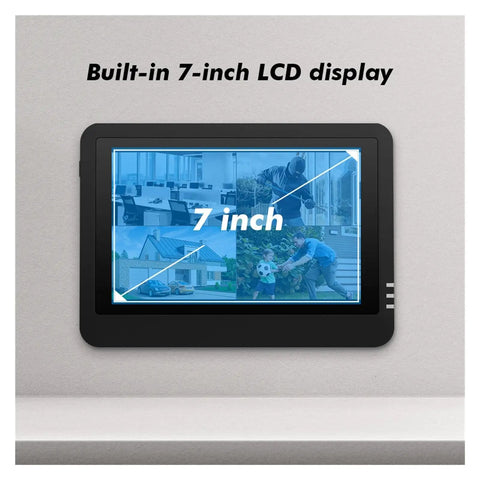 7-inch LCD display showing video feeds for Smooth Operator 6MP Dual Lens Wireless IP Camera for real deal surveillance.