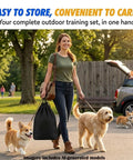 Woman carrying Dog Agility Training Kit With 12 Cone Hurdles And Adjustable Jump Bars For Backyard And Park Play, dogs around.