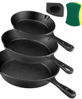Three-Piece Cast Iron Skillet Set With 6 Inch, 8 Inch, And 10 Inch Pans Includes Cleaning Scraper And Dish Sponge Oven And Stovetop Safe Cookware Black Edition
