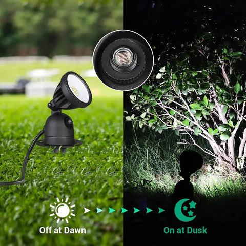 Outdoor LED Spotlight With Dusk To Dawn Sensor, 120V 12W 4000K, 1150 Lumens, 180 Degree Adjustable Head on lawn and bushes
