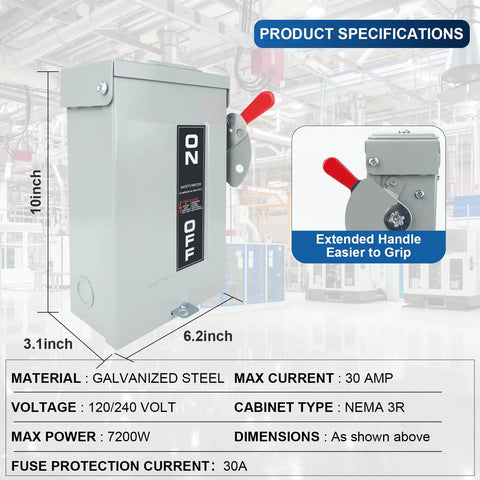 Legit Heavy Duty 3 Pole 30 Amp 240 Volt 3 Wire Ac Disconnect Switch Box showing galvanized steel construction and extended handle.