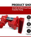 Ultra Durable 12 Volt 20 GPM Explosion Proof Fuel Transfer Pump For Gasoline Diesel, red pump with protective cover.