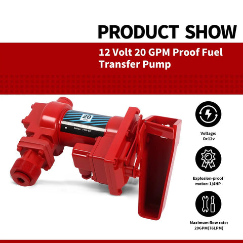 Ultra Durable 12 Volt 20 GPM Explosion Proof Fuel Transfer Pump For Gasoline Diesel, red pump with protective cover.