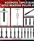 16-Piece Blind Hole Collet Bearing Race And Seal Puller Kit With Slide Hammer Pilot Insert, featuring T-handle and 10 split collets.