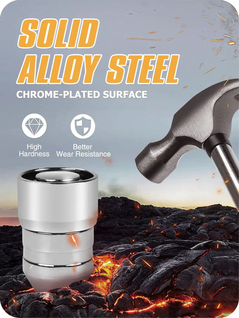 M14x1.5 Wheel Locking Lug Nuts Set Of 6 Conical 60 Degree Seat 1.5 Inch Length chrome-plated solid alloy steel nut with hammer on rocky background.