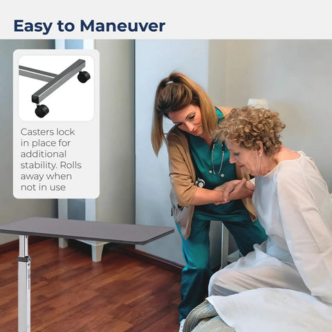 Heavy Duty Adjustable Overbed Table With Dead Simple Height Changes Non Tilt Wood Grain Top And Smooth Rolling Swivel Casters For Zero Hassle Room Moves with caregiver assisting patient.