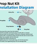 Installation diagram for Prop Nut Kit For MKP 32 And MKP 37 Trolling Motors Replacement showing drive pin and propeller part.