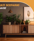 Mid-century modern cabinet with plants and artwork, showing Four Sets Of Four Foot Long Plastic Sliding Door Track Hardware For One Quarter Inch Thick Panels Ideal For Cabinet Doors Glass Windows And Sliding Closets Easy Quick Installation Black in a room setting.