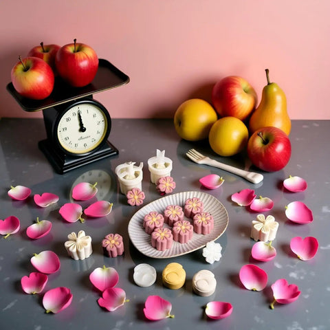 White Cherry Blossom Mooncake Mold With 30g Hand Press Cookie Stamp Six Petal Pastry Imprinter displayed with fruits and petals.