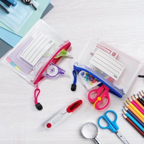 30 Pack Small Zipper Mesh Pouches With Label Pockets, A6 Size 6.3 By 4.7 Inches, shown in mixed colors with school supplies.
