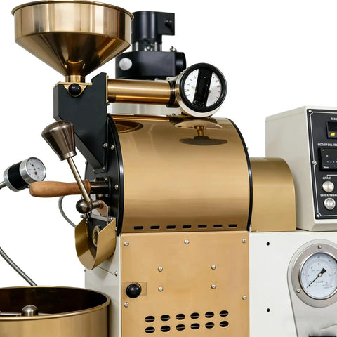 Commercial Drum Coffee Roaster Machine With Digital Temperature Control And Rapid Cooling System For Cafe Roastery And Specialty Coffee Bean Roasting Pro Grade Kitchen Equipment, featuring a metal drum and control dials.