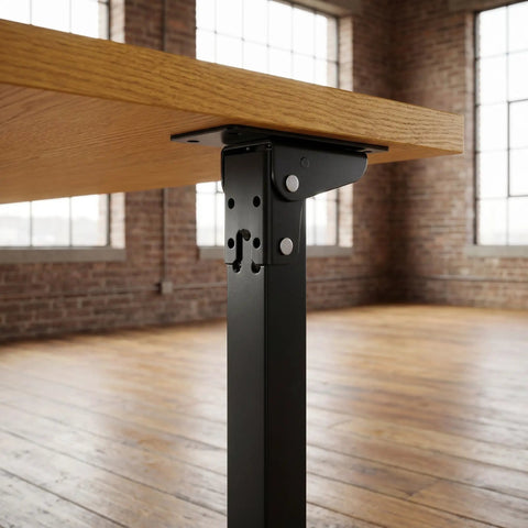 2 Pack Heavy Duty Folding Table Legs Made Of Metal With Self Locking Mechanism under wooden table in industrial space