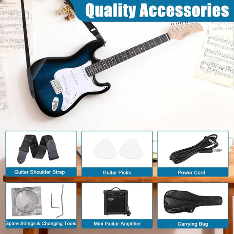 39 Inch Full Size Electric Guitar Starter Pack With Amp Nylon Carrying Case and Accessory Kit Blue for Beginners Ready To Jam Out Of The Box